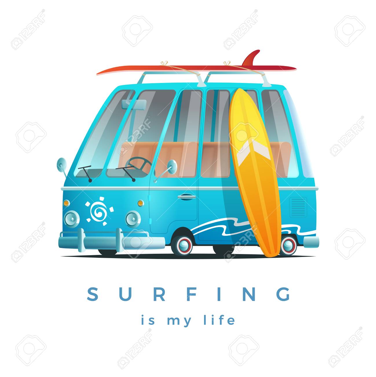 cartoon design surf van boster surfing bus vector illustration