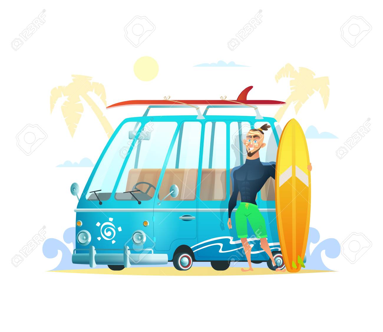 magic van with surf board and man the joyful surfer standing