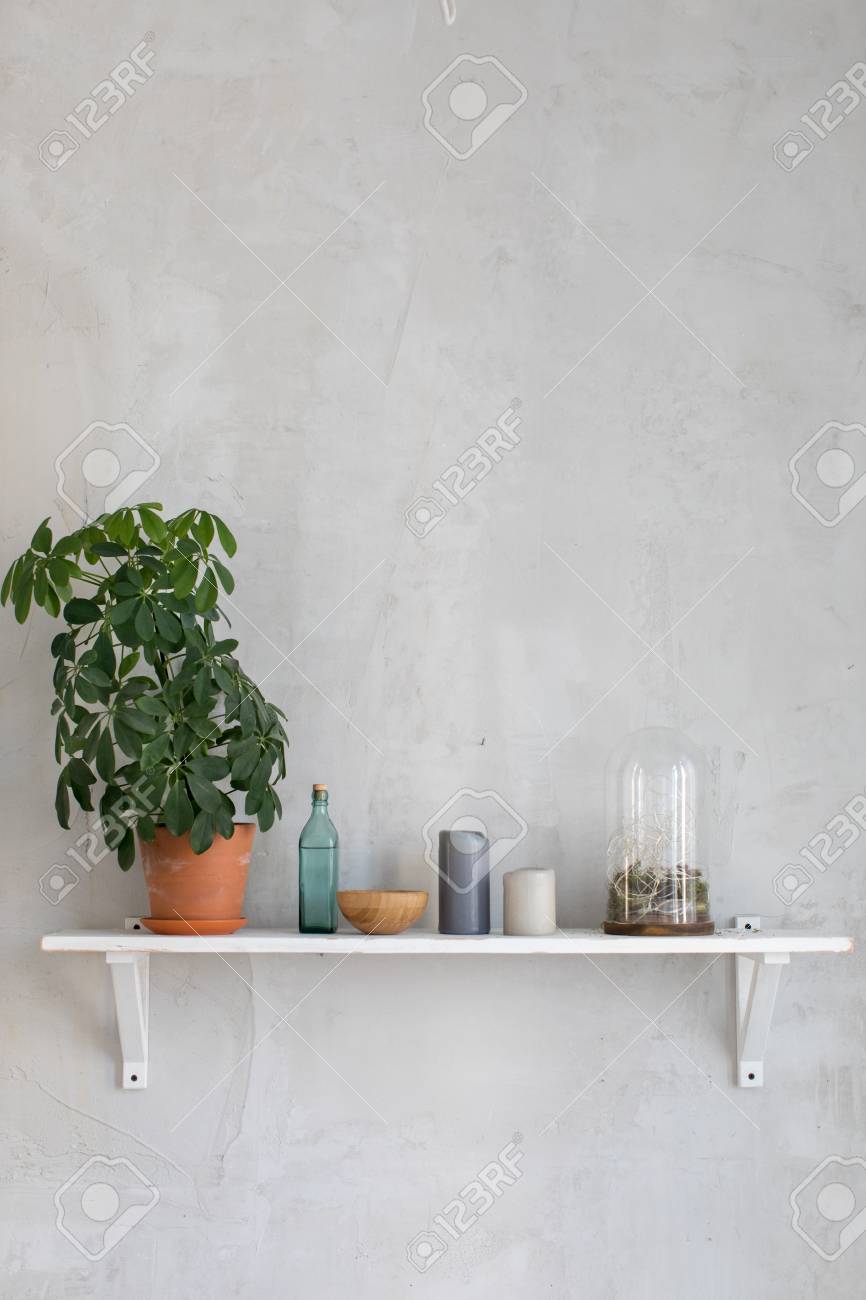 Estanteria Pequena Con Maceta Y Decoracion Sencilla En Pared Gris