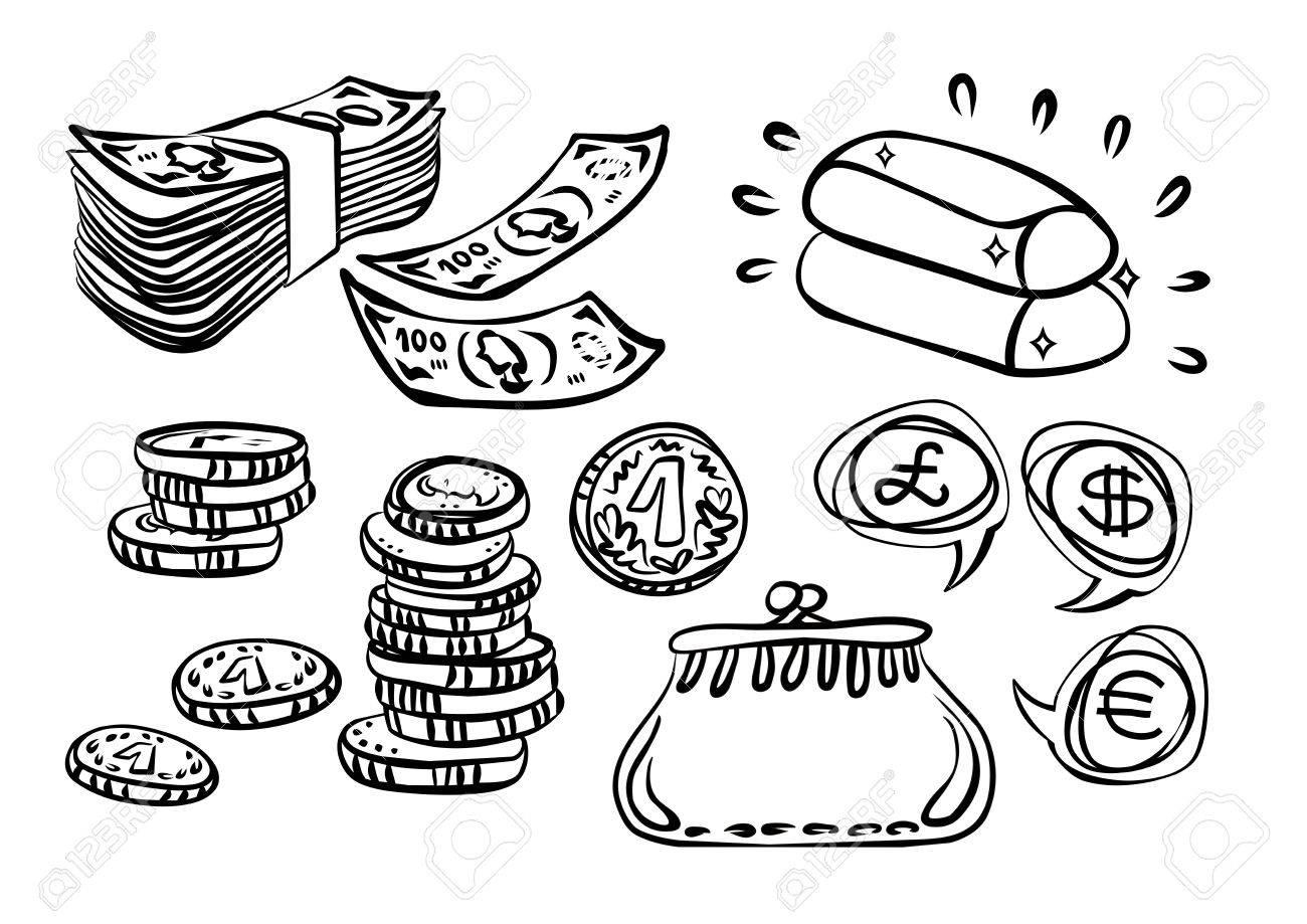 紙のお金ゴールド財布モノクロ財政図は白い背景の上のコインします。のイラスト素材・ベクター Image 16331501