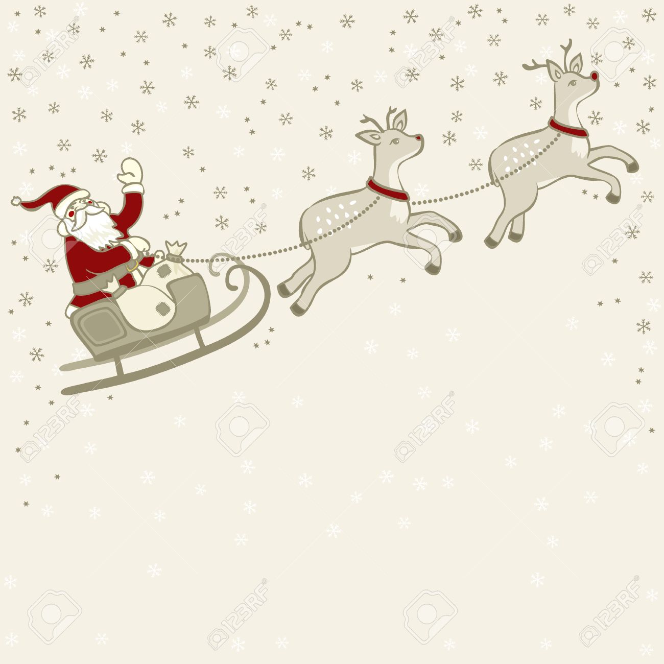 サンタ クロースとトナカイそり夜空の星や雪の上で冬の祝日クリスマス トップ イラスト光ヴィンテージ色で テキストのための空白の場所でのイラスト素材 ベクタ Image サンタ クロースとトナカイそり夜空の星や雪の上で冬の祝日クリスマス トップ イラスト光ヴィンテージ色で テキストのための空白の場所でのイラスト素材 ベクタ Image