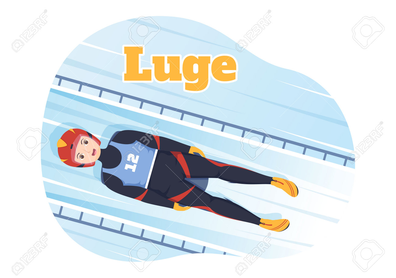 リュージュそりレースアスリートウィンタースポーツイラストとそり、氷、ボブスレーに平らな漫画の手描きのランディングページテンプレートのイラスト素材・ベクター  Image 198959075
