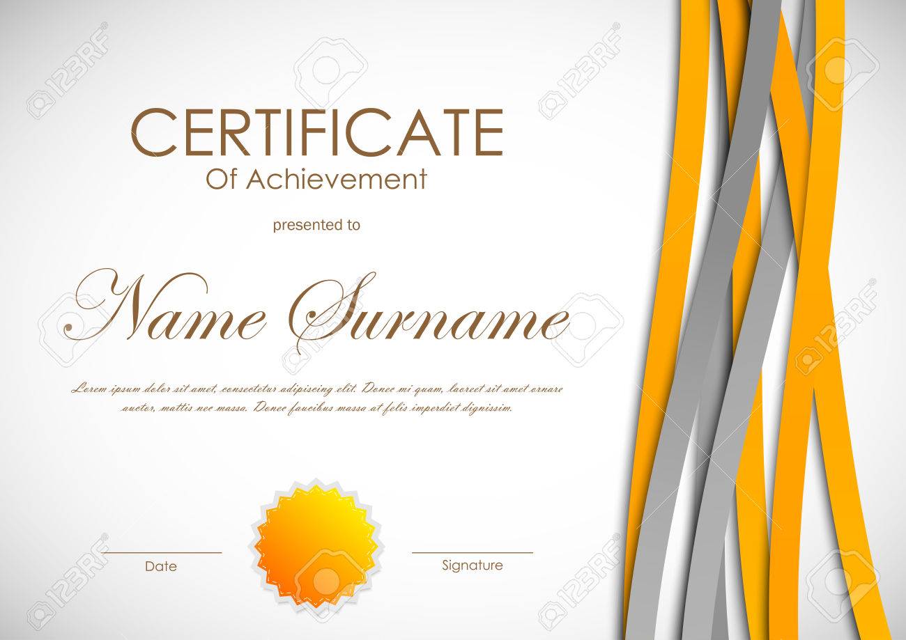 Certificate of achievement template with dynamic orange and gray bent weaving wavy background and seal.