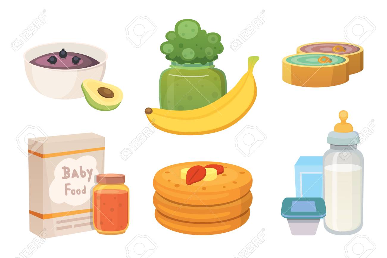 Jus Et Purees De Pommes Vertes Et De Brocoli Pour Bebe Nourriture Pour Bebe Ensemble De Produits De Dessin Anime Clip Art Libres De Droits Vecteurs Et Illustration Image
