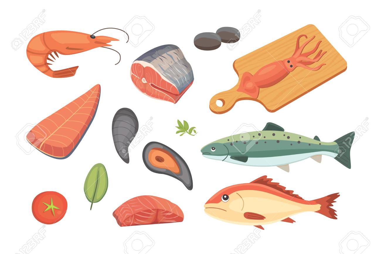 ベクトル魚介類のイラストは フラット新鮮な魚やカニを設定します ロブスター オイスター エビ メニューのタコ動物 貝レモン のイラスト素材 ベクタ Image 3798