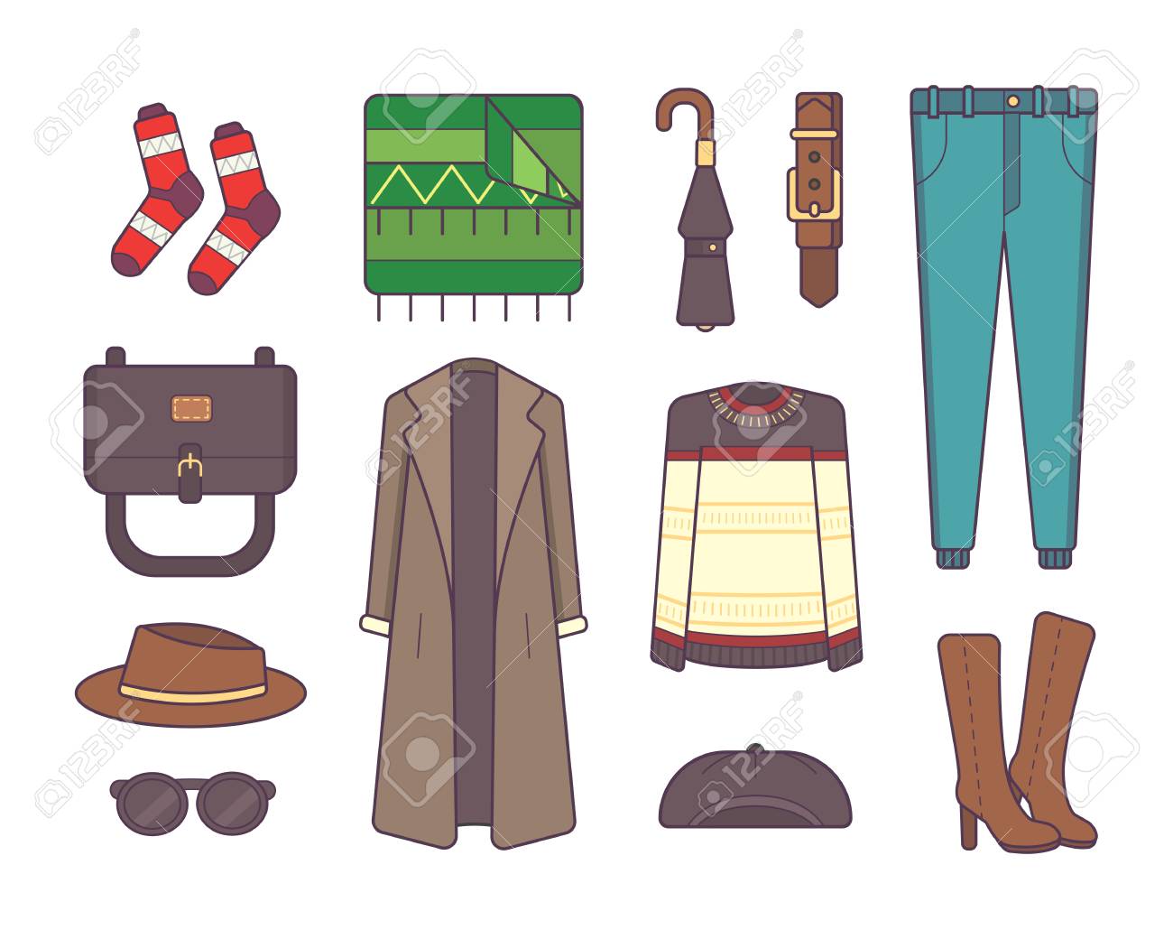 スタイリッシュな冬の服やアクセサリーのビッグセット スタイルとファッションのコンセプト アウターウェア季節のラインアートファッションイラスト のイラスト素材 ベクタ Image