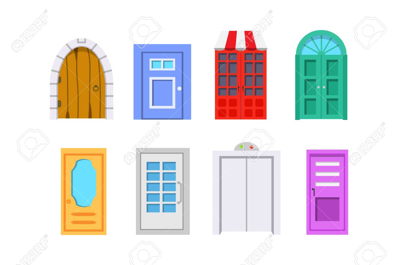 Set Entree Porte Vue De Face Maisons Et Des Batiments Vecteur Dans Le Style De Dessin Anime Clip Art Libres De Droits Vecteurs Et Illustration Image