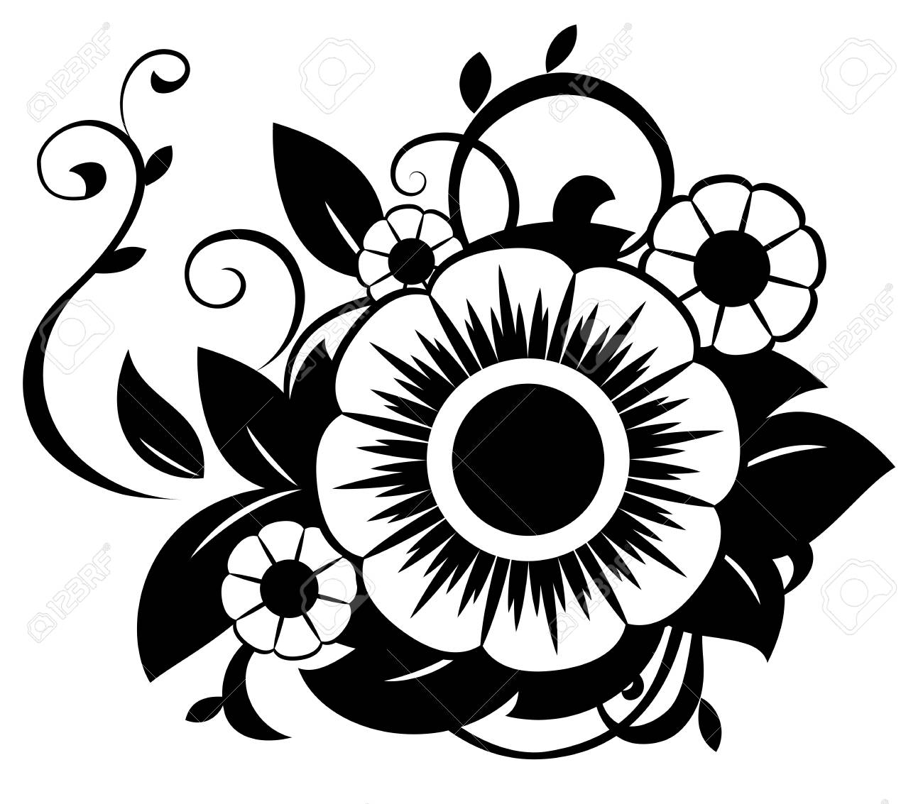 白い背景に黒の抽象花シルエットのイラスト のイラスト素材 ベクタ Image