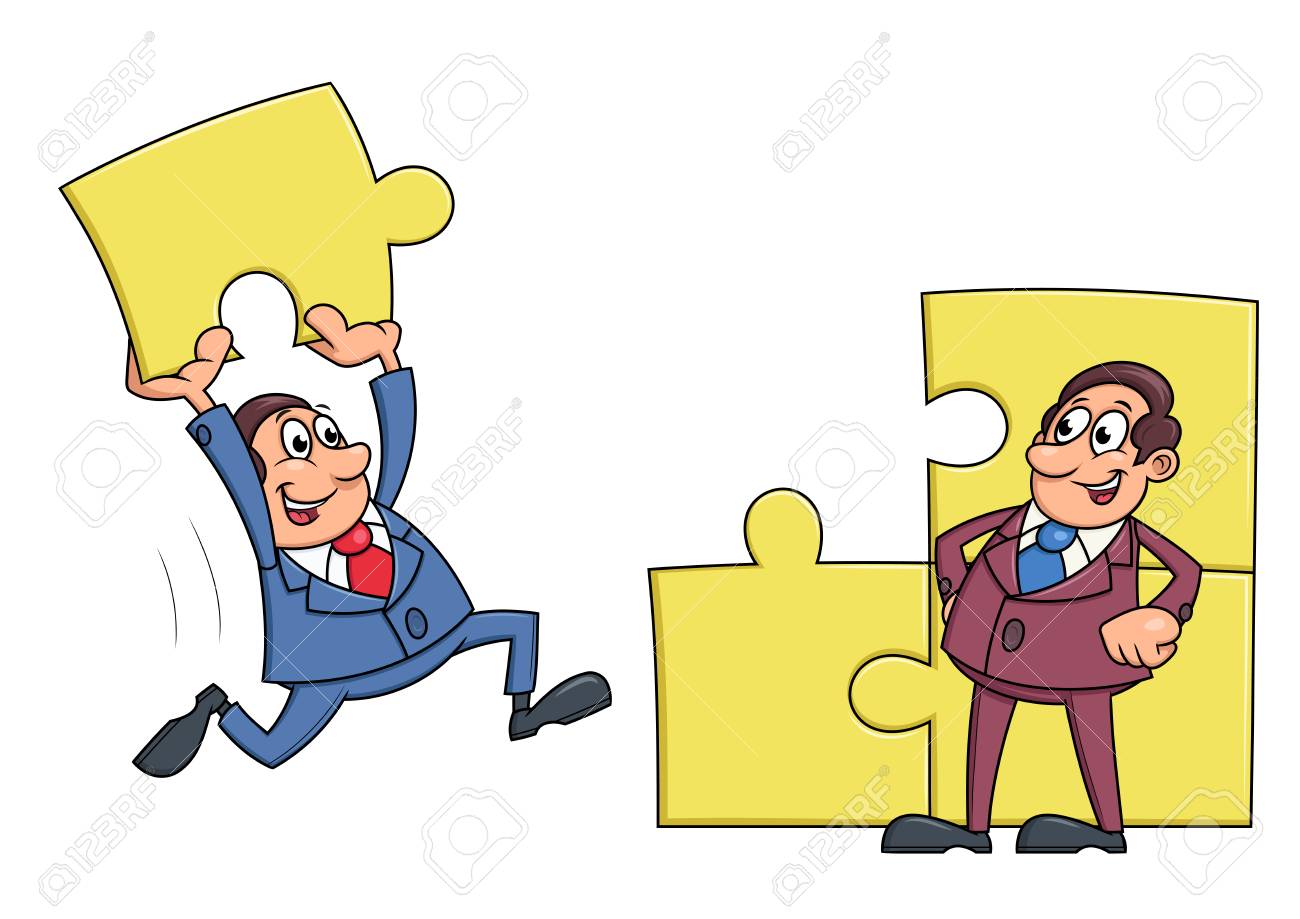 抜群のチームワークを象徴するパズルを解く 2 人のビジネスマンのイラストのイラスト素材 ベクタ Image