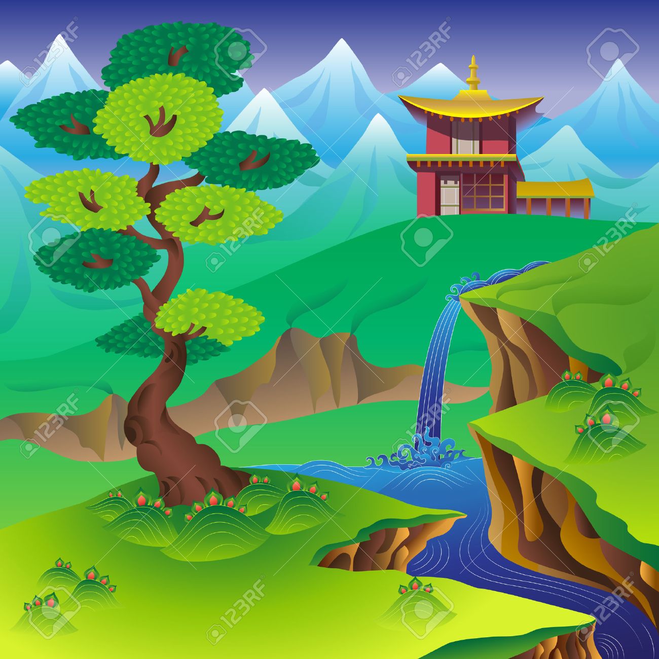 中国の風景は 木 滝 山 家を のイラスト素材 ベクタ Image