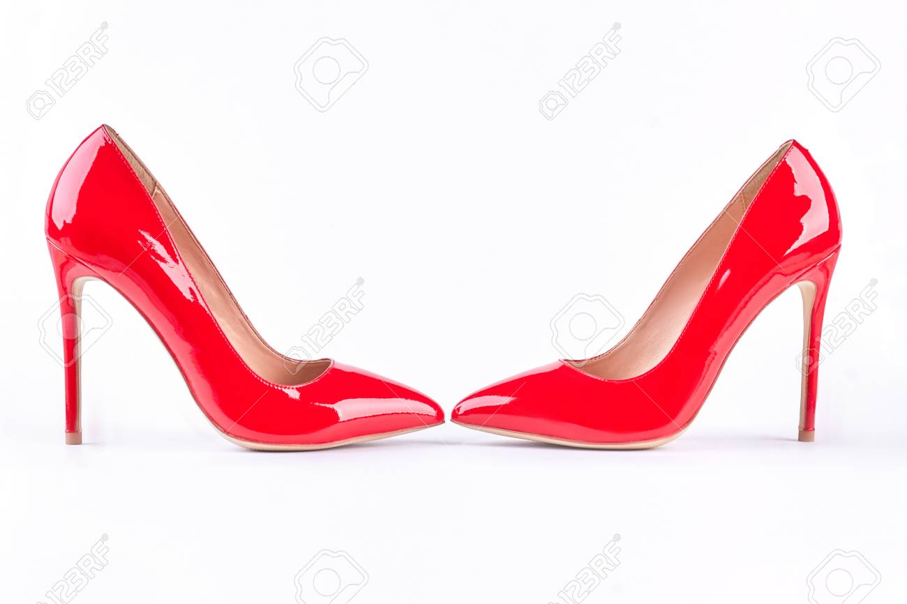 White. Pair Of Female Red High-heeled 