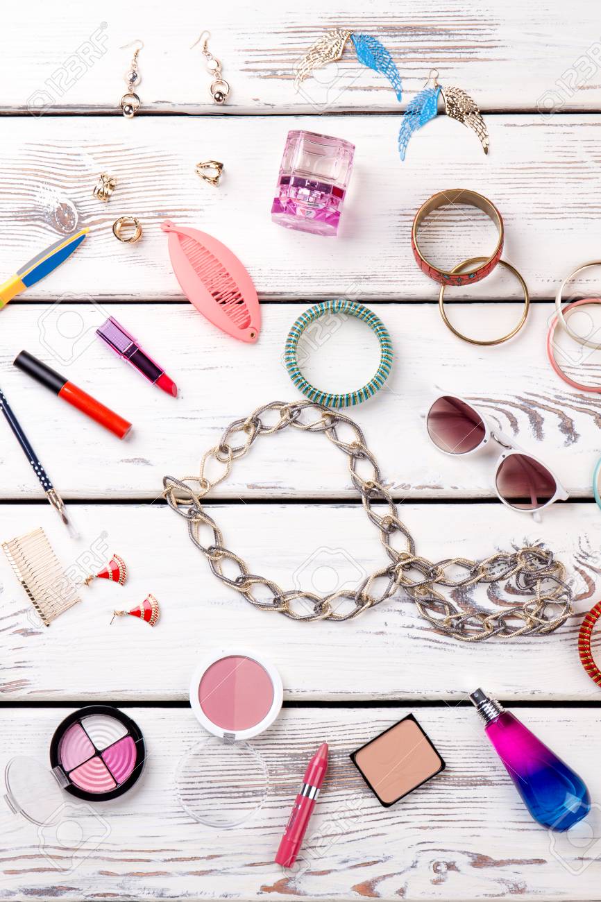Feminine Makeup Products on Pink Table Stock Photo - Image of cream,  background: 144217978, image size:866x1300