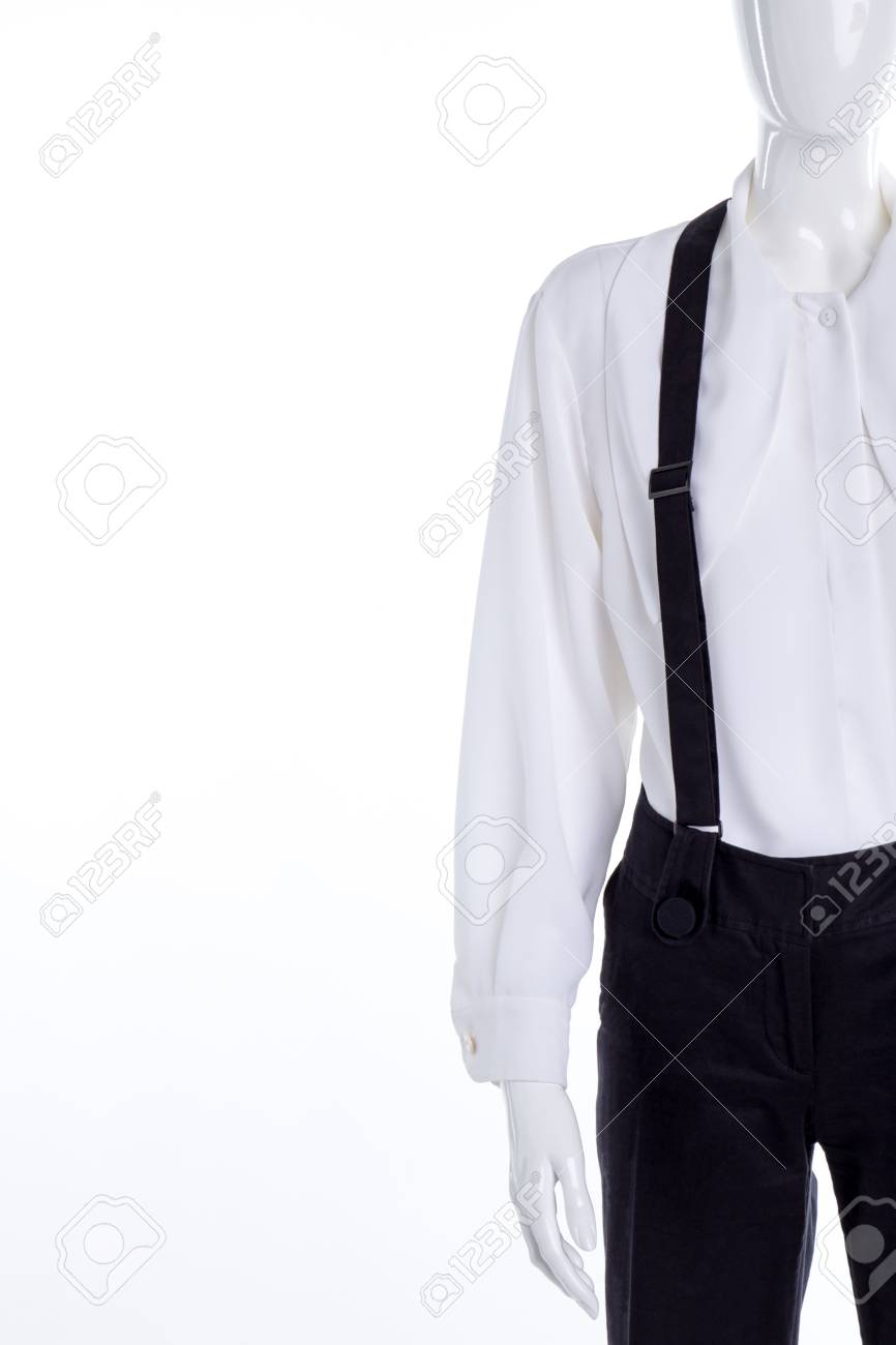 Pantalón Con Tirantes Y Blusa Blanca. Ciérrese Encima De La Elegante Blusa Blanca Y Tirantes. Camisa Clásica Blanca Para