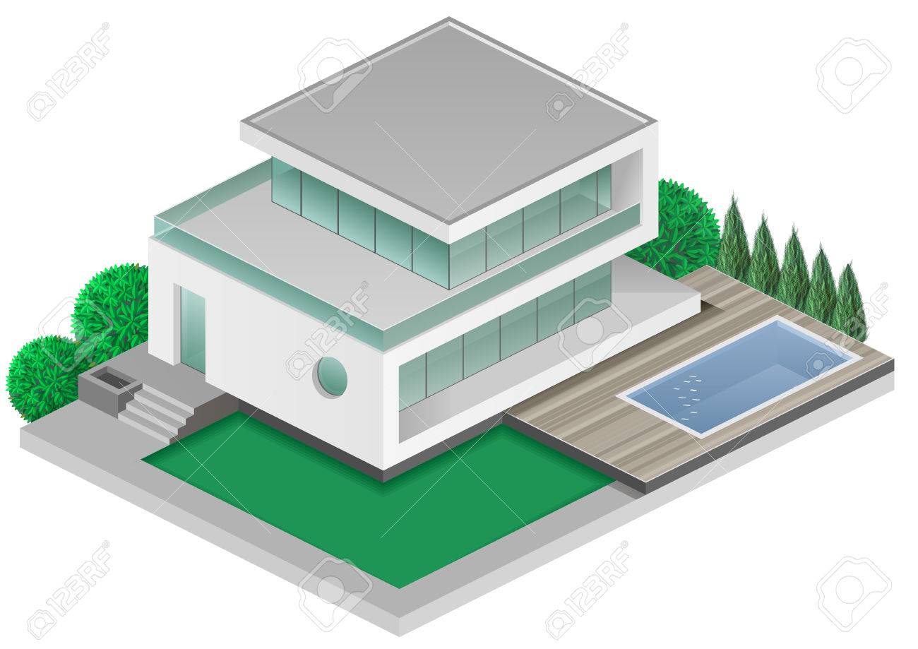 Isometrici ville bianche moderne con piscina in giardino clipart ... Giardino Villa disegno