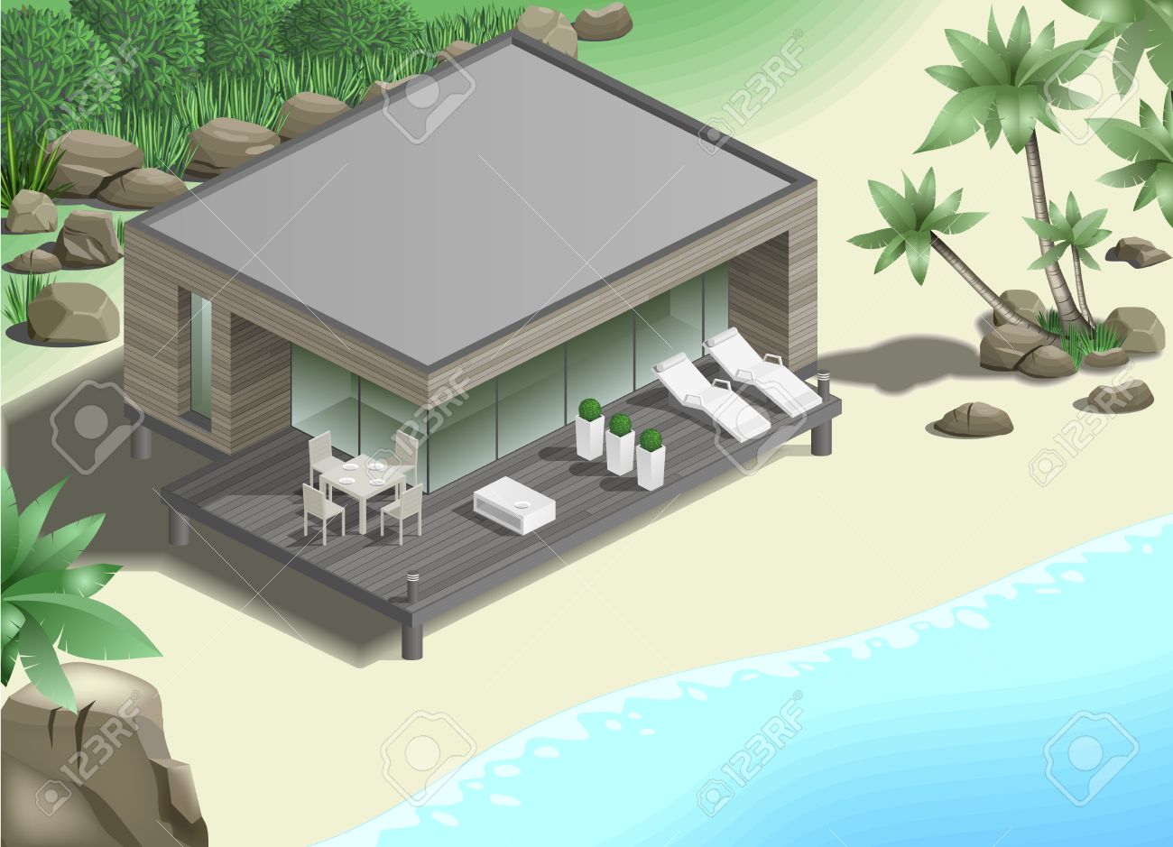 Modern bungalow on the ocean in the jungle stock vector 54598519