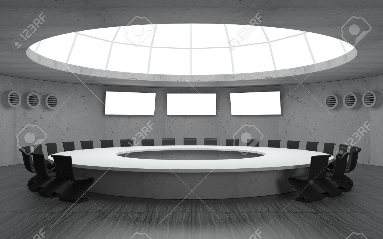 3 D イラスト 大きなテーブルの円形ドームとの会議のための会議室 秘密の地下軍事バンカー の写真素材 画像素材 Image