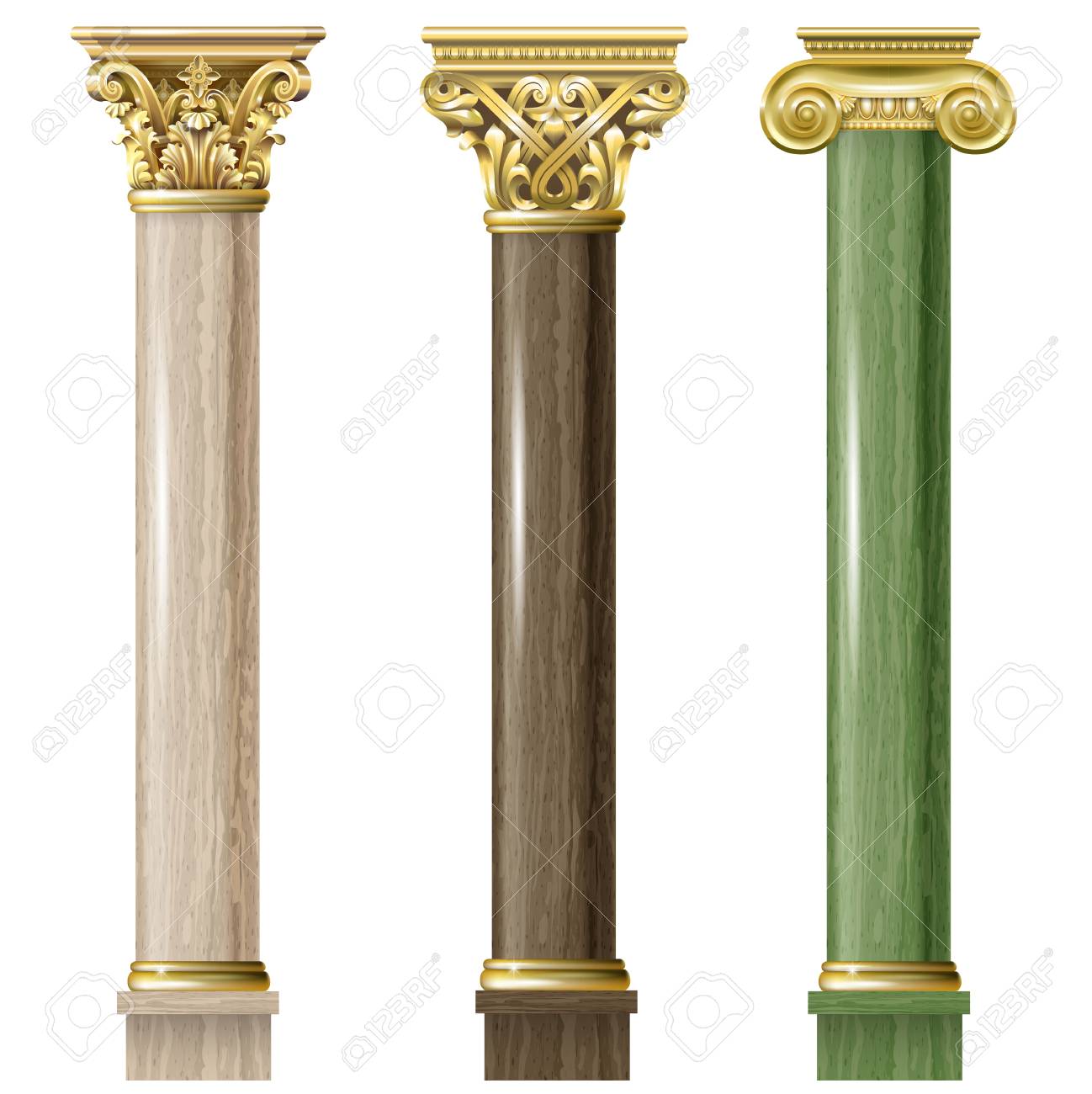 set of classic gold and marble columns in different styles vector column styles