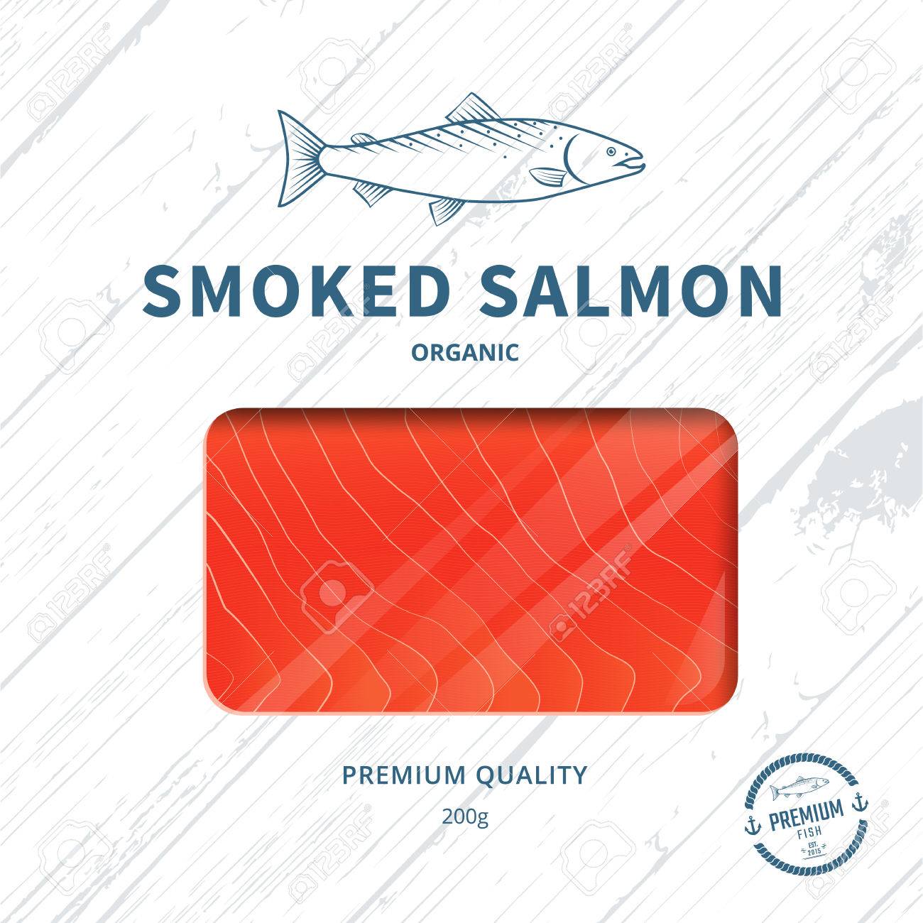 packaging design template for smoked salmon fish package royalty