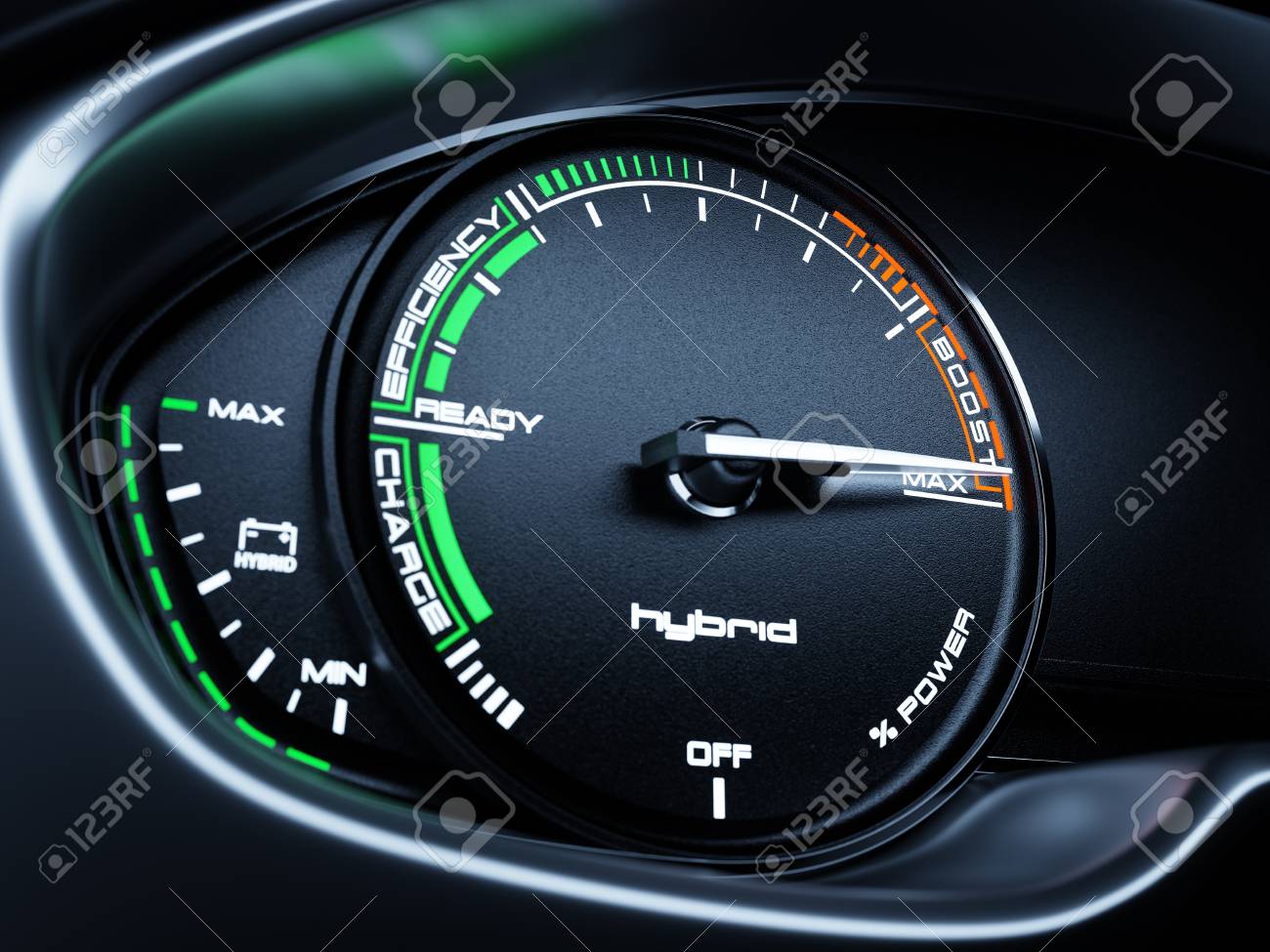 ハイブリッド車には フルのエネルギー レベルと最大ブースト パワー ダッシュ ボード スピード メーター タコメーターが照らされています 3 D 描画されるかイラスト の写真素材 画像素材 Image