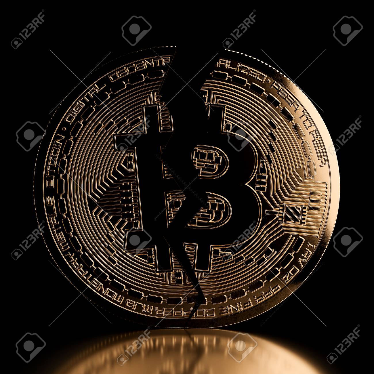 Bitcoin Crack Front View Golden Coin. Bitcoin Bubble Concept.  Cryptocurrency Crash Concept. Golden Digital Money Coin. Isolated On Black  Background. 3d Rendering Illustration. Stock Photo, Picture and Royalty  Free Image. Image 87162539.