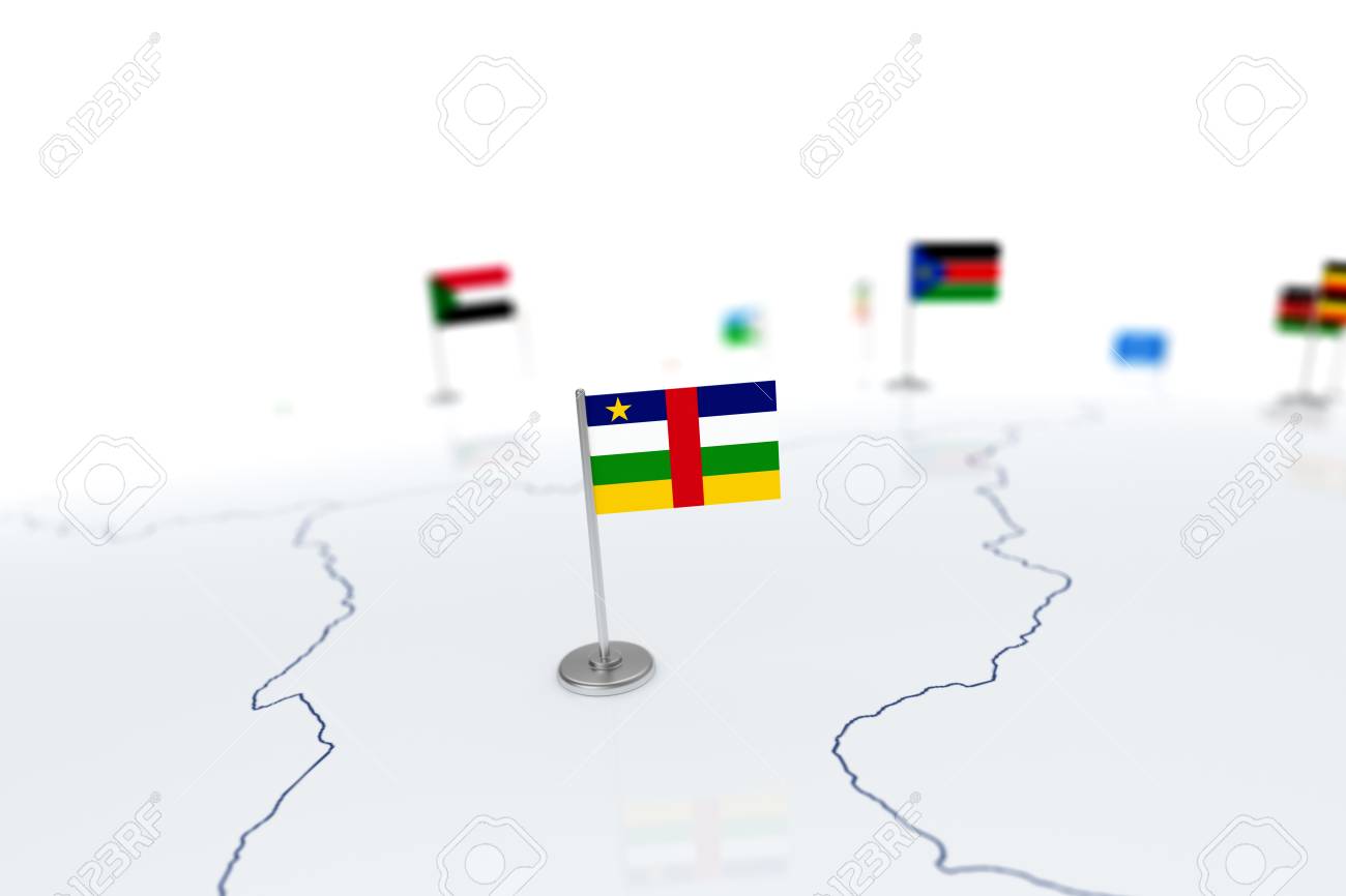 Drapeau De La République Centrafricaine Drapeau De Pays Avec Mât De Chrome Sur La Carte Du Monde Avec Les Frontières Des Pays Voisins Drapeau De