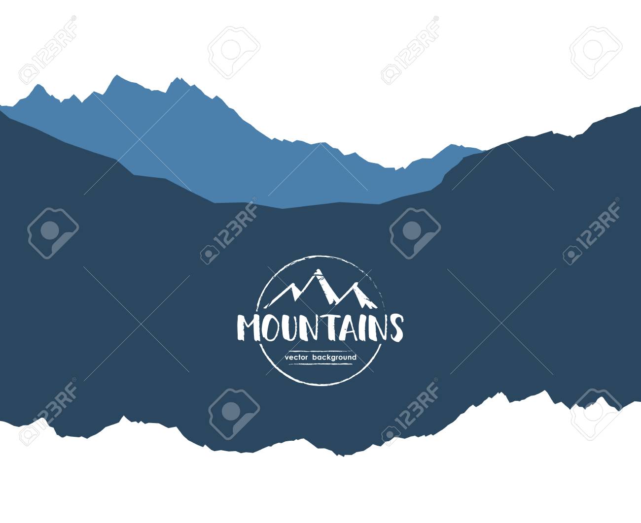 Vector illustration: Mountains landscape template background with Hand drawn emblem. - 94467610 Vector illustration: Mountains landscape template background with Hand drawn emblem. - 94467610