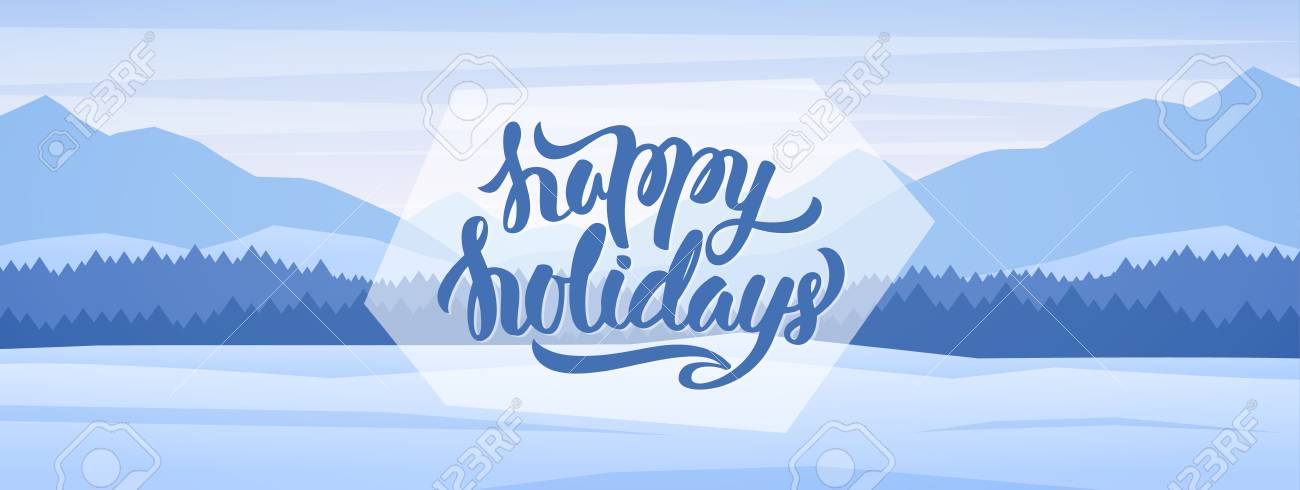 ハッピーホリデーの手書きのレタリングで山々のパノラマ冬の風景 のイラスト素材 ベクタ Image
