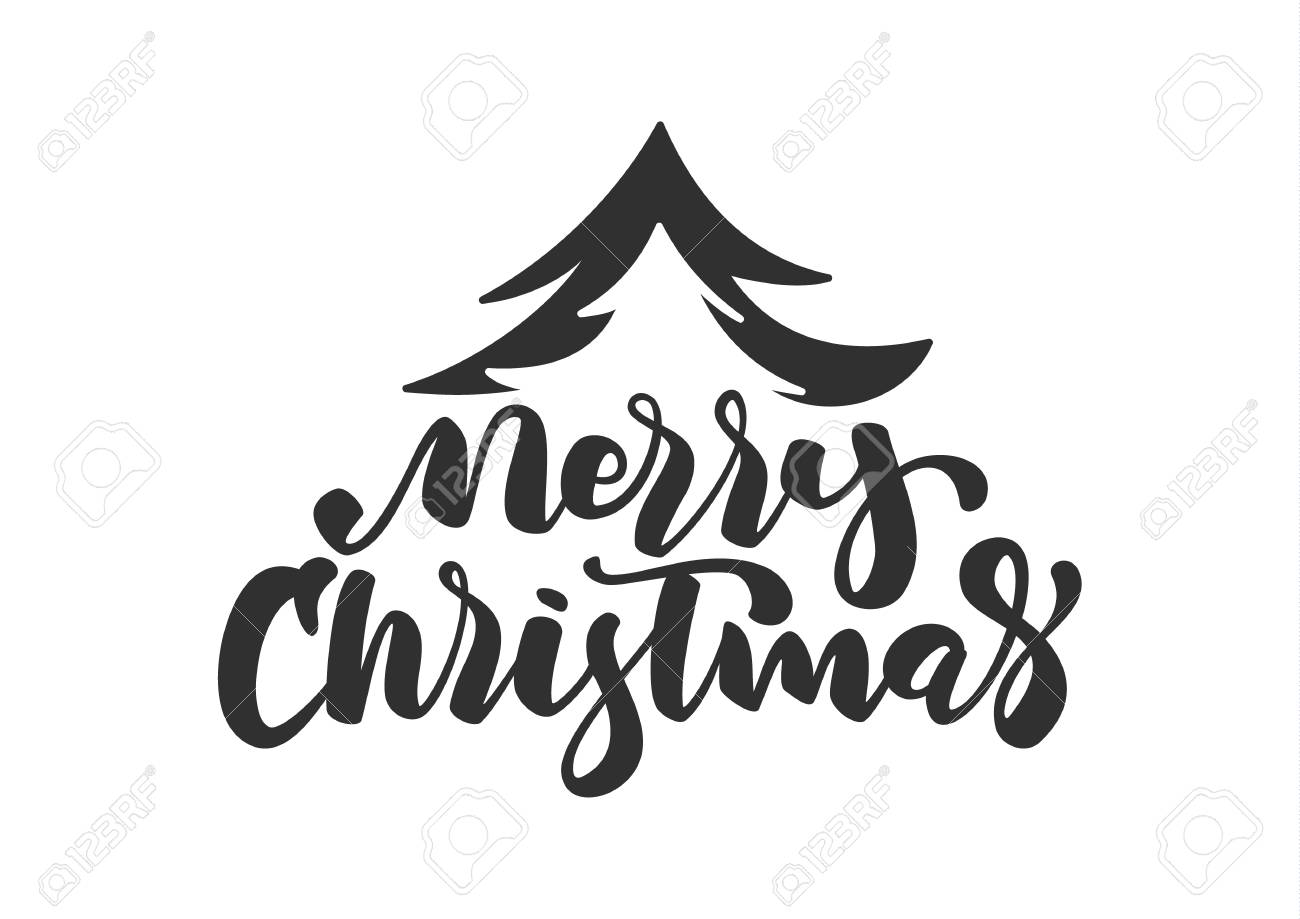 手描きの木が白い背景に隔離されたメリークリスマスの手書きのモダンなブラシレタリング のイラスト素材 ベクタ Image