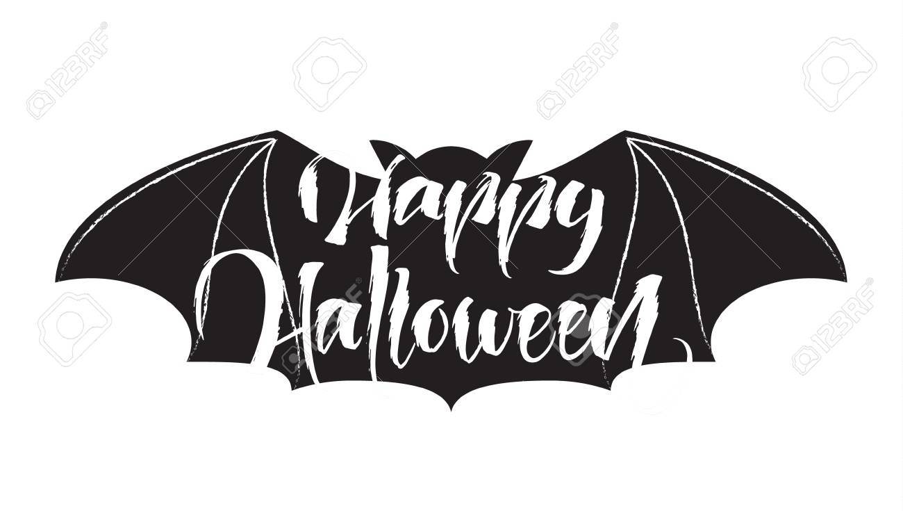 バットバックグローンにハッピーハロウィーンの手書きのグランジレタリング のイラスト素材 ベクタ Image