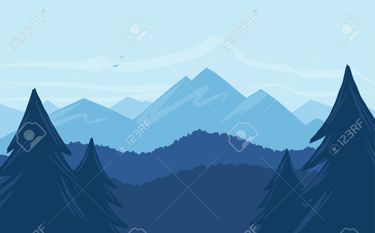 Vector cartoon mountains landscape with silhouette of pines on foreground - 96327392 Vector cartoon mountains landscape with silhouette of pines on foreground - 96327392