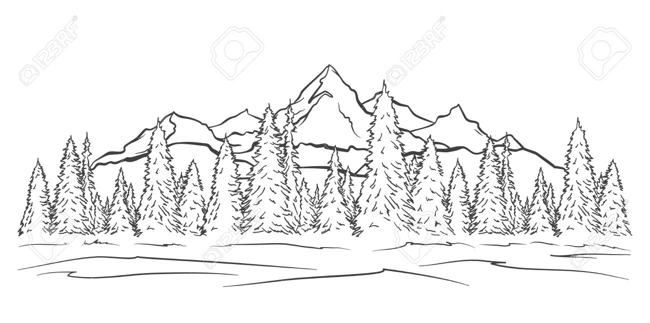 Vector illustration: Hand drawn Mountains sketch landscape with peaks and pine forest. Line design - 123363649 Vector illustration: Hand drawn Mountains sketch landscape with peaks and pine forest. Line design - 123363649