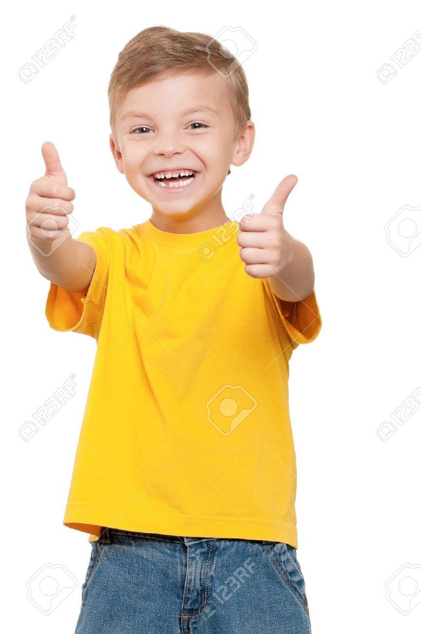 Portrait Of Beautiful Little Boy Giving You Thumbs Up Over White