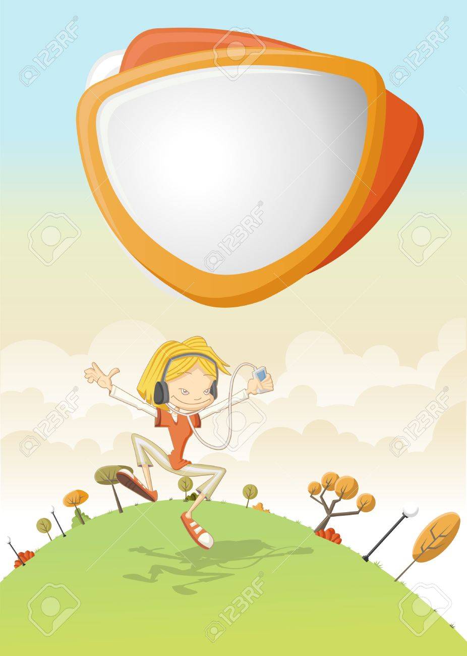 クールな漫画の女の子がボール テンプレート デザインと緑豊かな公園の Mp3 プレーヤーで音楽を聴くのイラスト素材 ベクタ Image