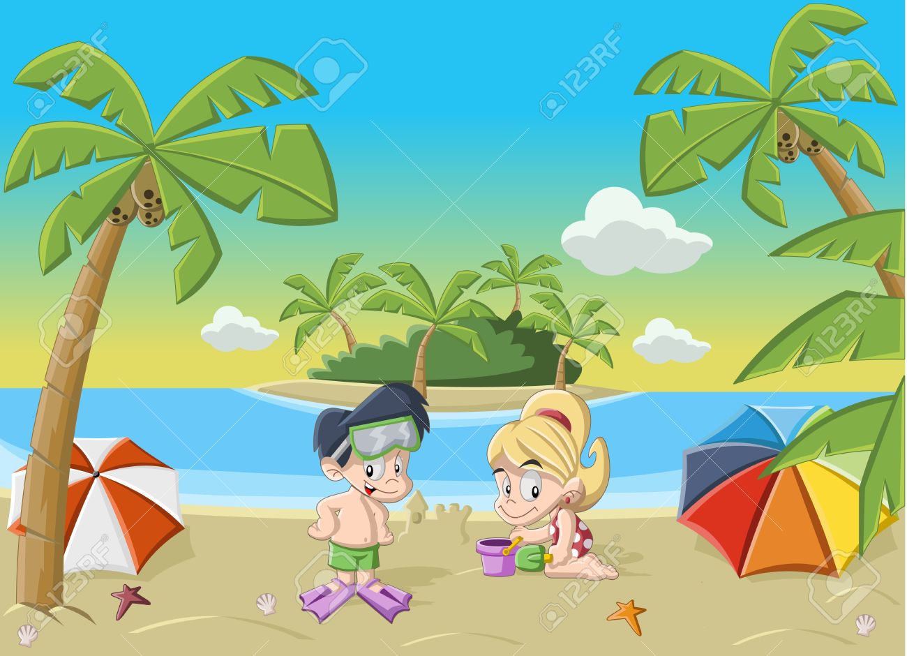Homme De Dessin Anime Sur La Belle Plage Tropicale Avec L Ocean Bleu Des Parasols Et Des Palmiers De Noix De Coco Clip Art Libres De Droits Vecteurs Et Illustration Image