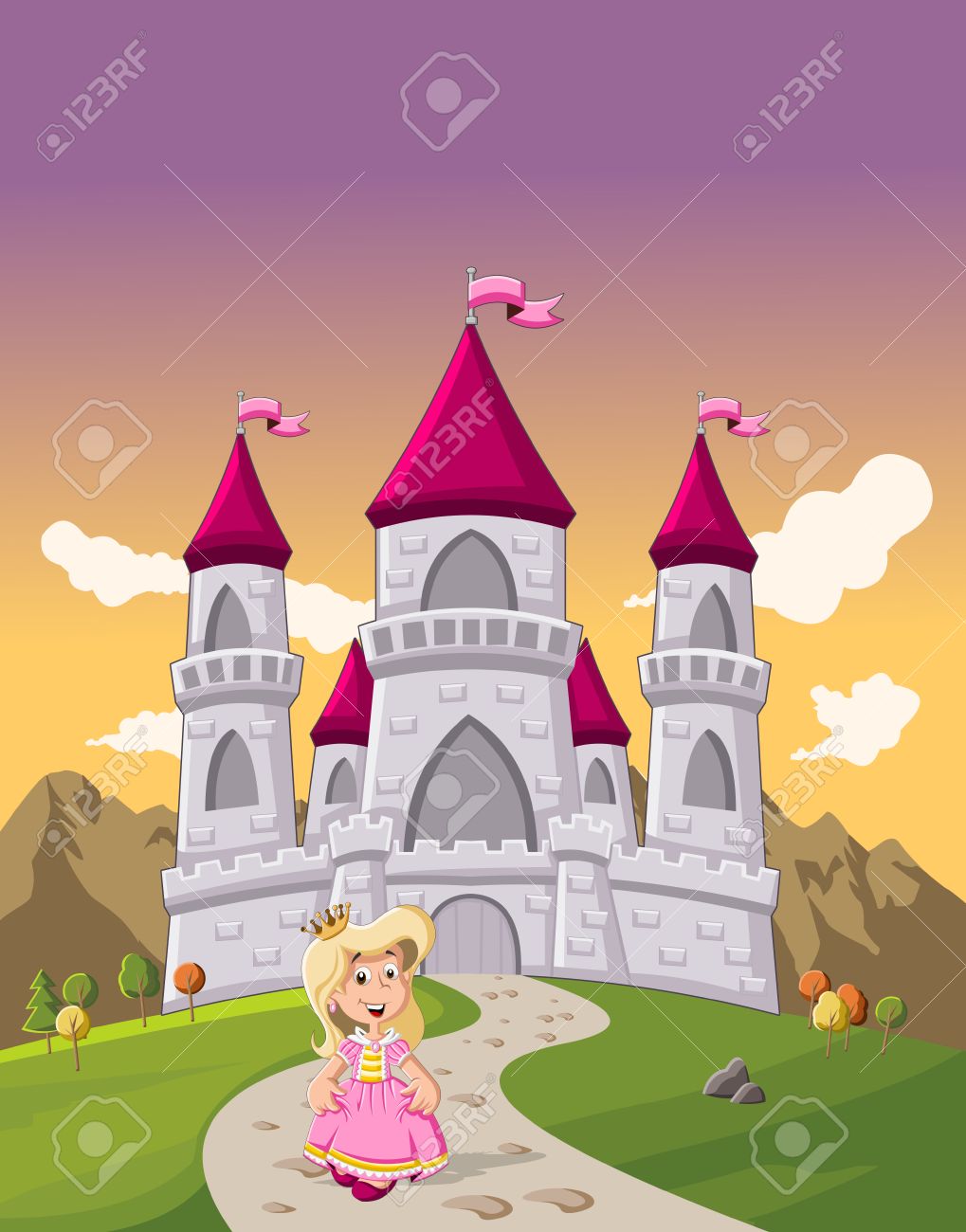 Cute Girl Princesse De Dessin Anime En Face D Un Chateau De Conte De Fees Clip Art Libres De Droits Vecteurs Et Illustration Image