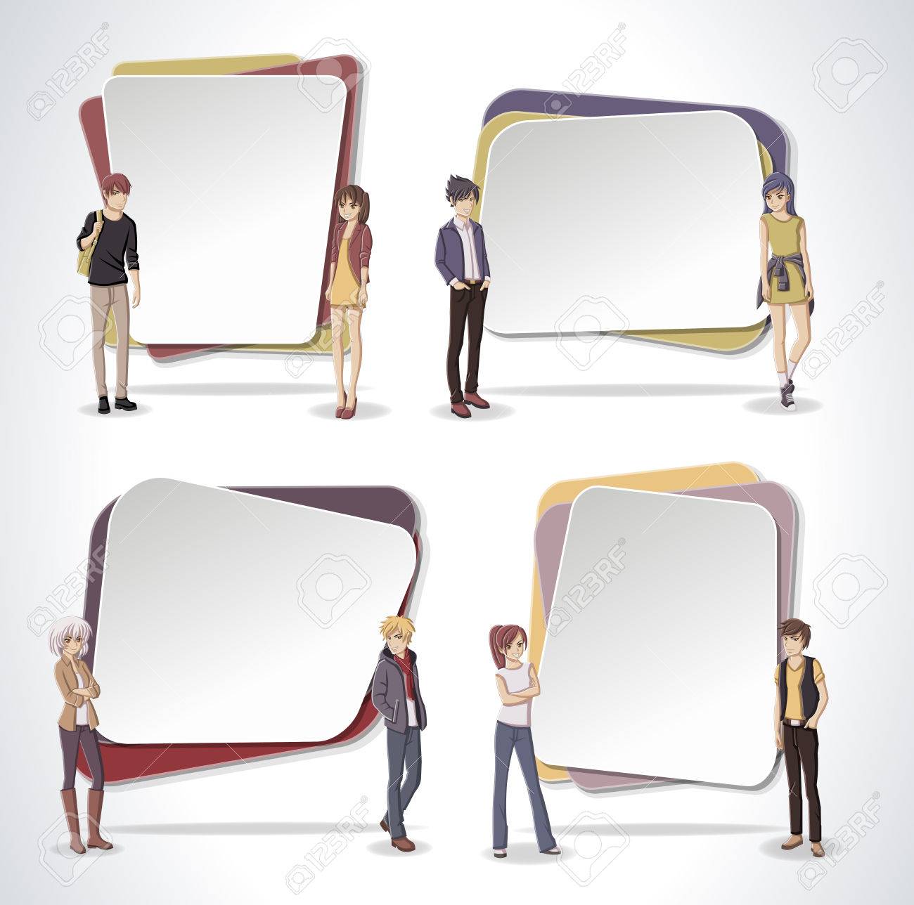 Vector banners / backgrounds with cartoon young people. Design text box frames. Manga anime teenagers. - 58793827 Vector banners / backgrounds with cartoon young people. Design text box frames. Manga anime teenagers. - 58793827