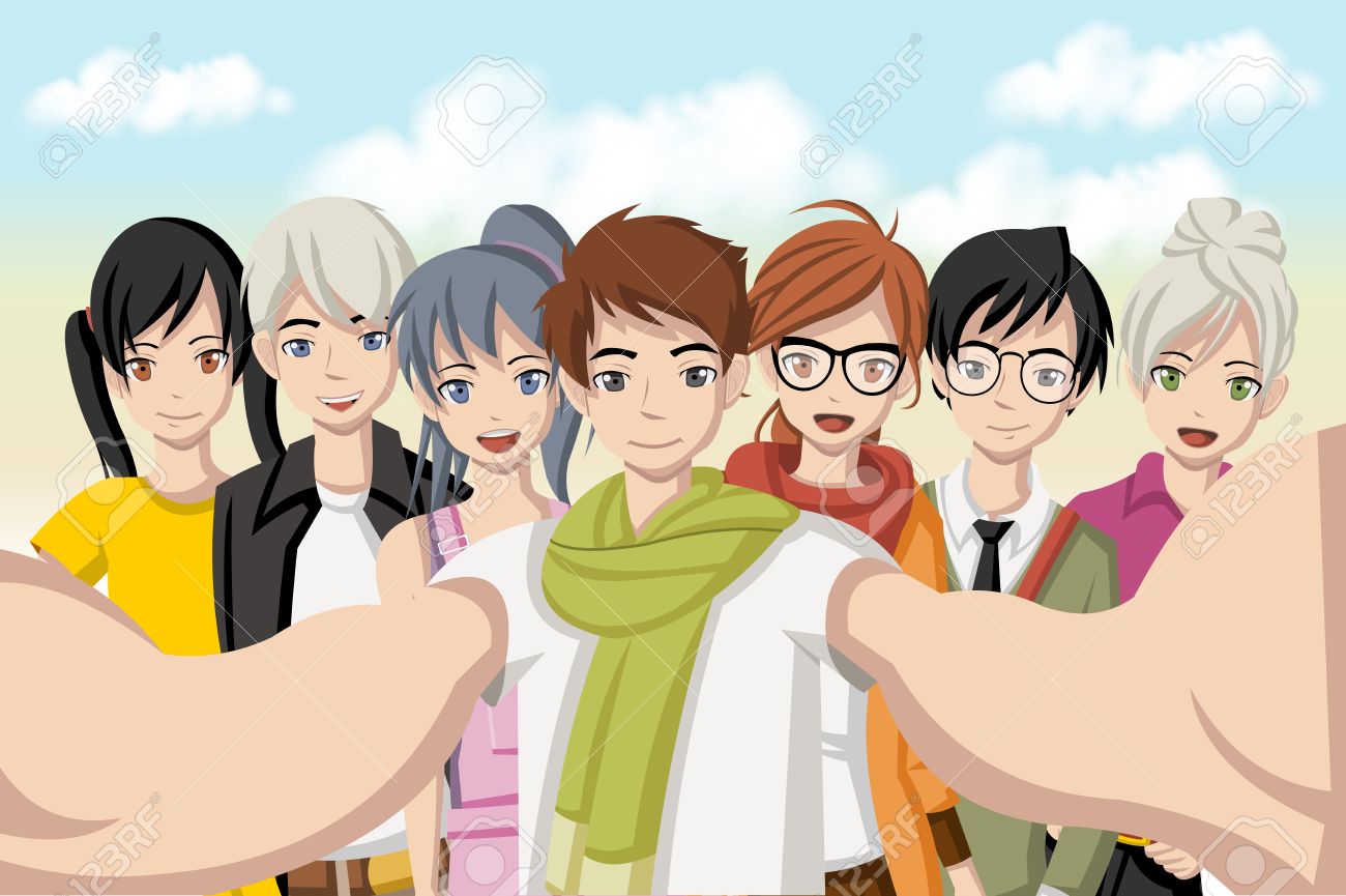 Group of cartoon young people taking selfie photo. Picture of manga anime teenagers. - 61990154 Group of cartoon young people taking selfie photo. Picture of manga anime teenagers. - 61990154