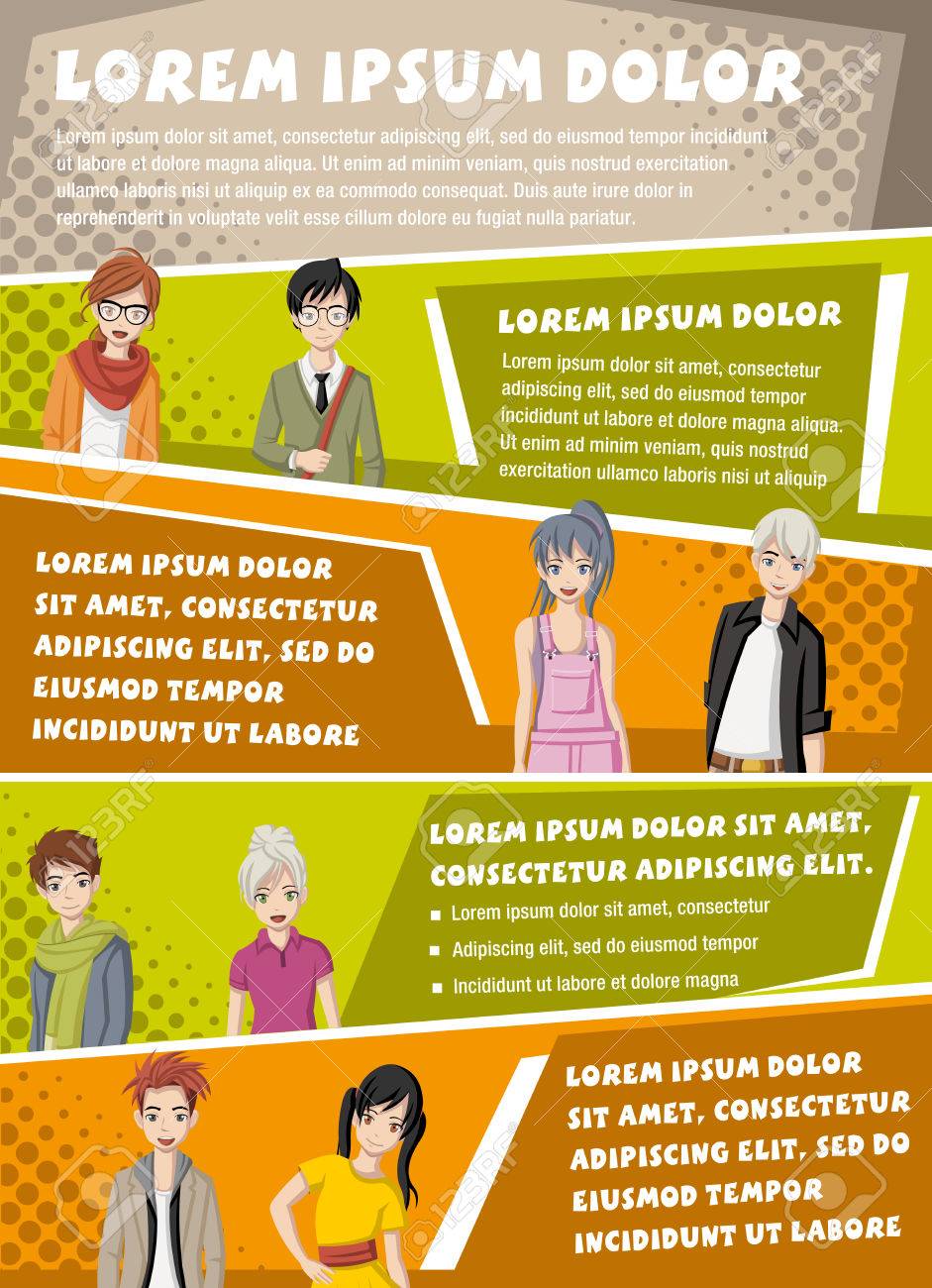 Vector brochure backgrounds with manga anime people. Infographic template design. - 64377576 Vector brochure backgrounds with manga anime people. Infographic template design. - 64377576