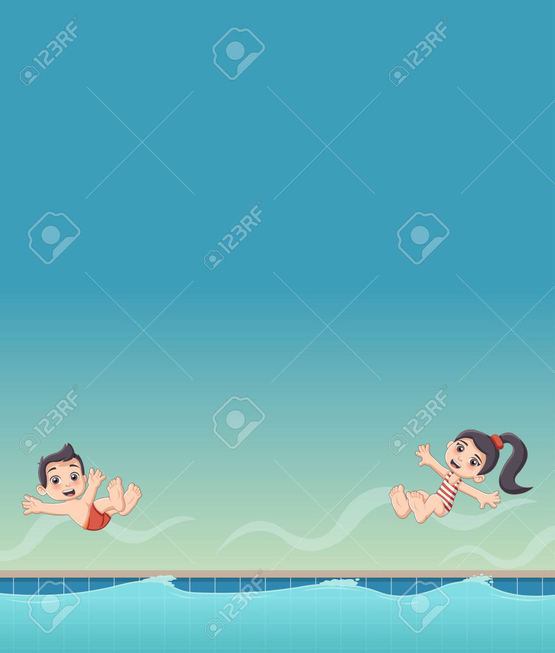 かわいい幸せ漫画子供スイミング プールに飛び込みます のイラスト素材 ベクタ Image