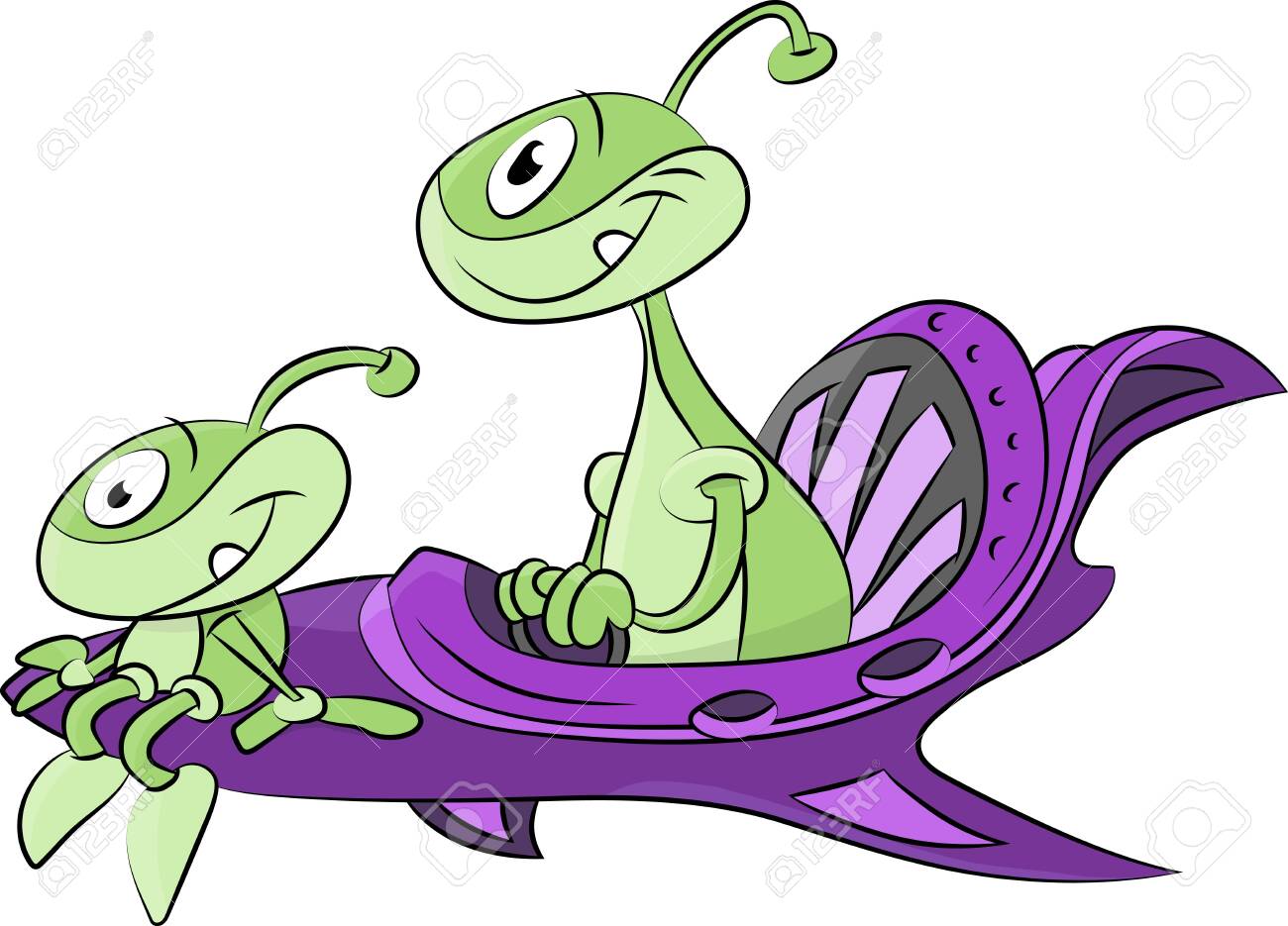 Um desenho animado de dois alienígenas sentados em uma nave