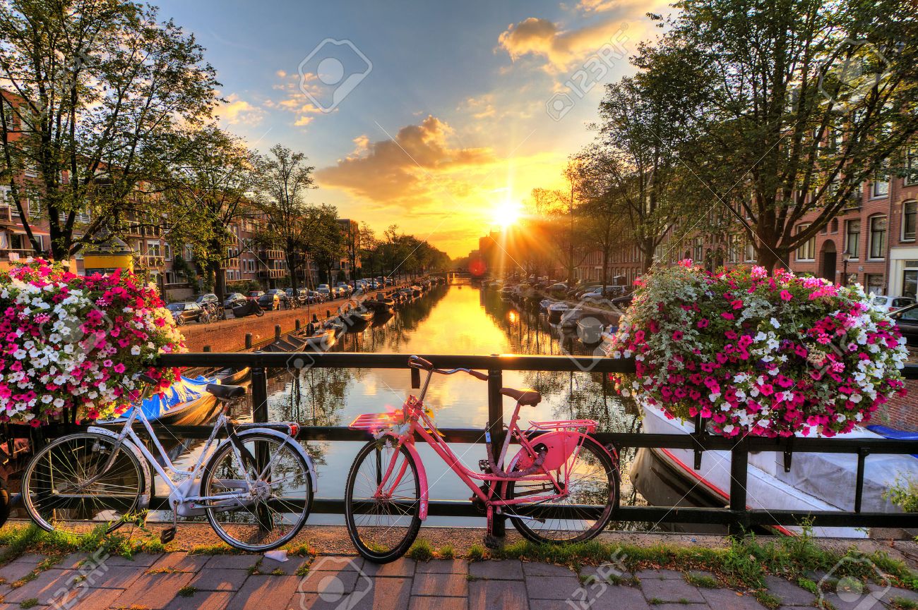Beautiful Sunrise Over Amsterdam The Netherlands With Flowers Stock Photo Picture And Royalty Free Image Image