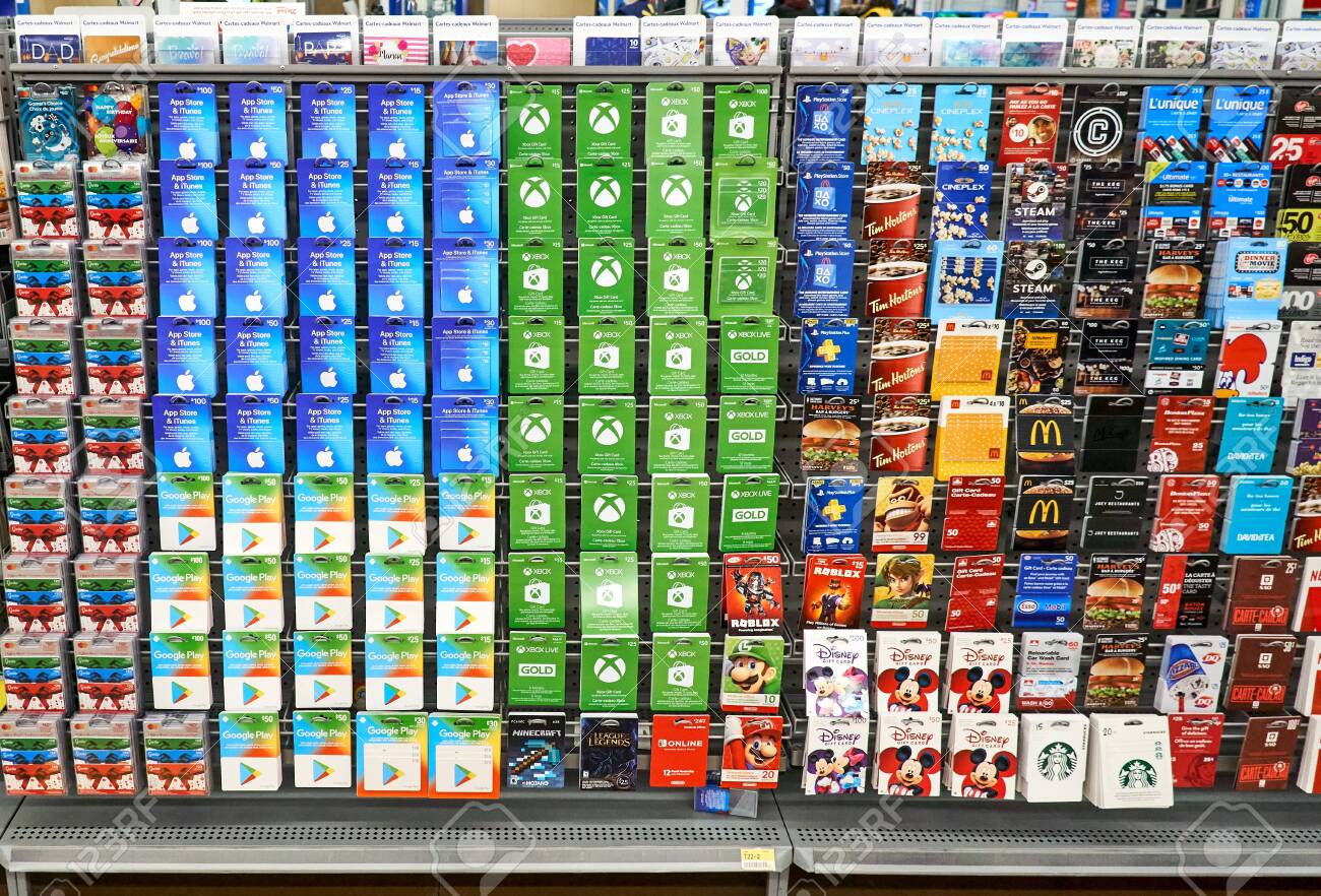 Montreal, Canada - March 22, 2020: A Stand With Gift Cards Of Different  Services And Companies Such As: Apple Store, Mcdonalds, Xbox, Nintendo,  Itunes, Visa, Playstation, Google Play, Minecraft Stock Photo, Picture