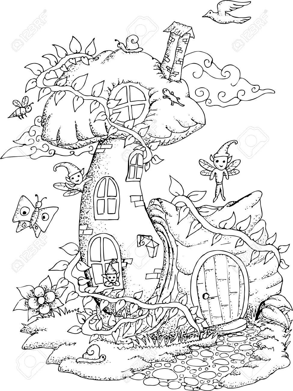 Illustration En Noir Et Blanc D Une Maison De Fee Avec Des Details Pour Livre De Coloriage Adulte Clip Art Libres De Droits Vecteurs Et Illustration Image 61376970