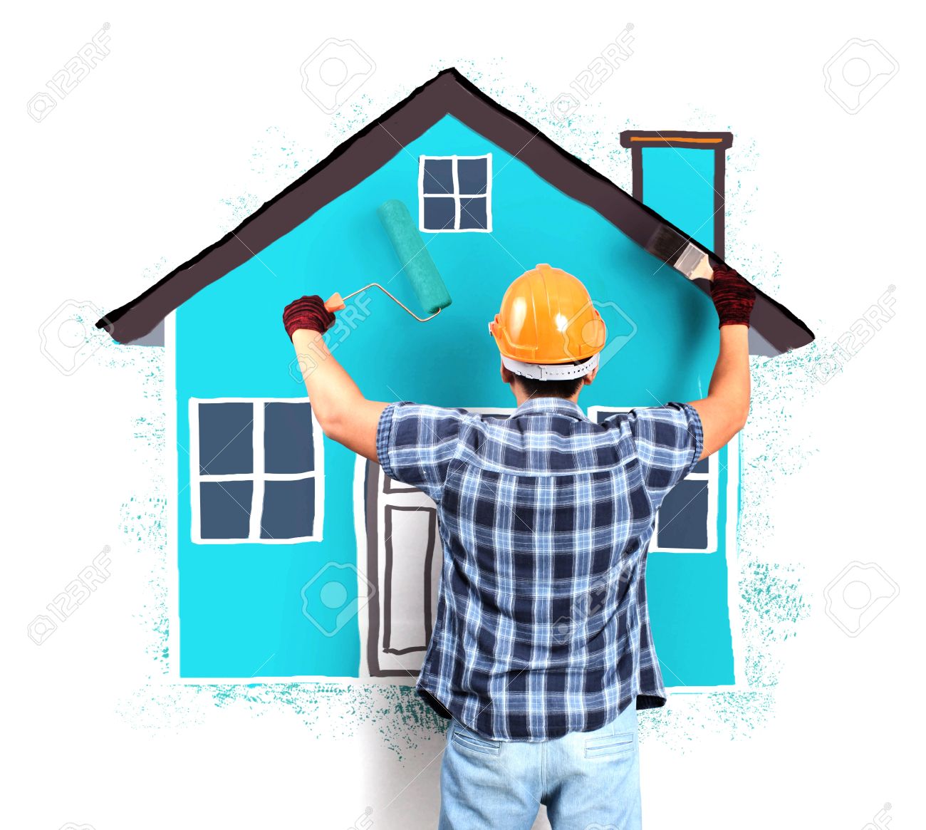 Paint House man decorating or painting house with a paint brush stock photo Paint House man decorating or painting house with a paint brush stock photo