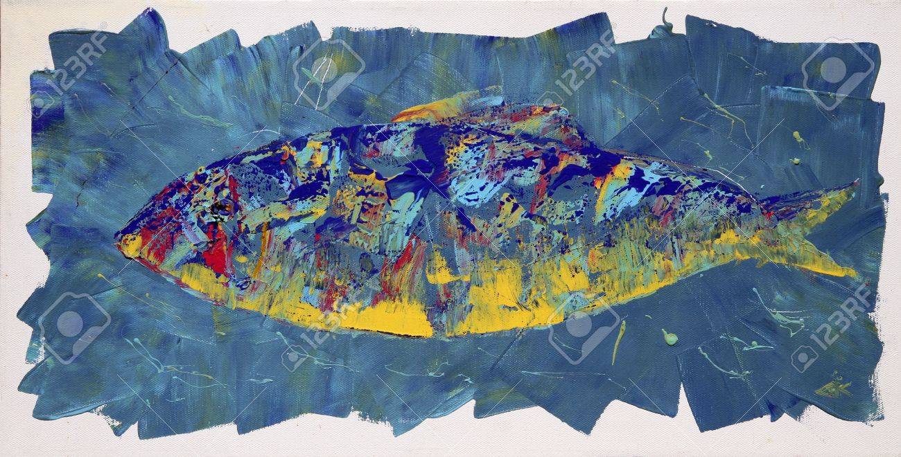 抽象的な魚の油彩画 LOUIS VUITTON / ポルトフォイユブラザ タイガ M30285抽象的な魚の絵画