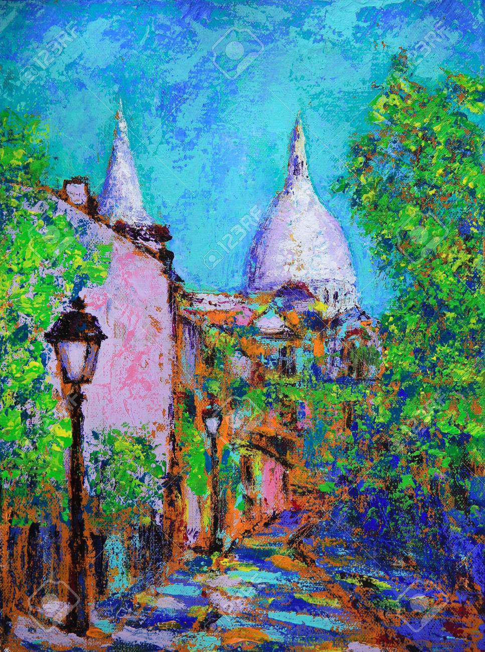 名品フランス画家ファルシーの冬のパリモンマルトル通り6号油彩画