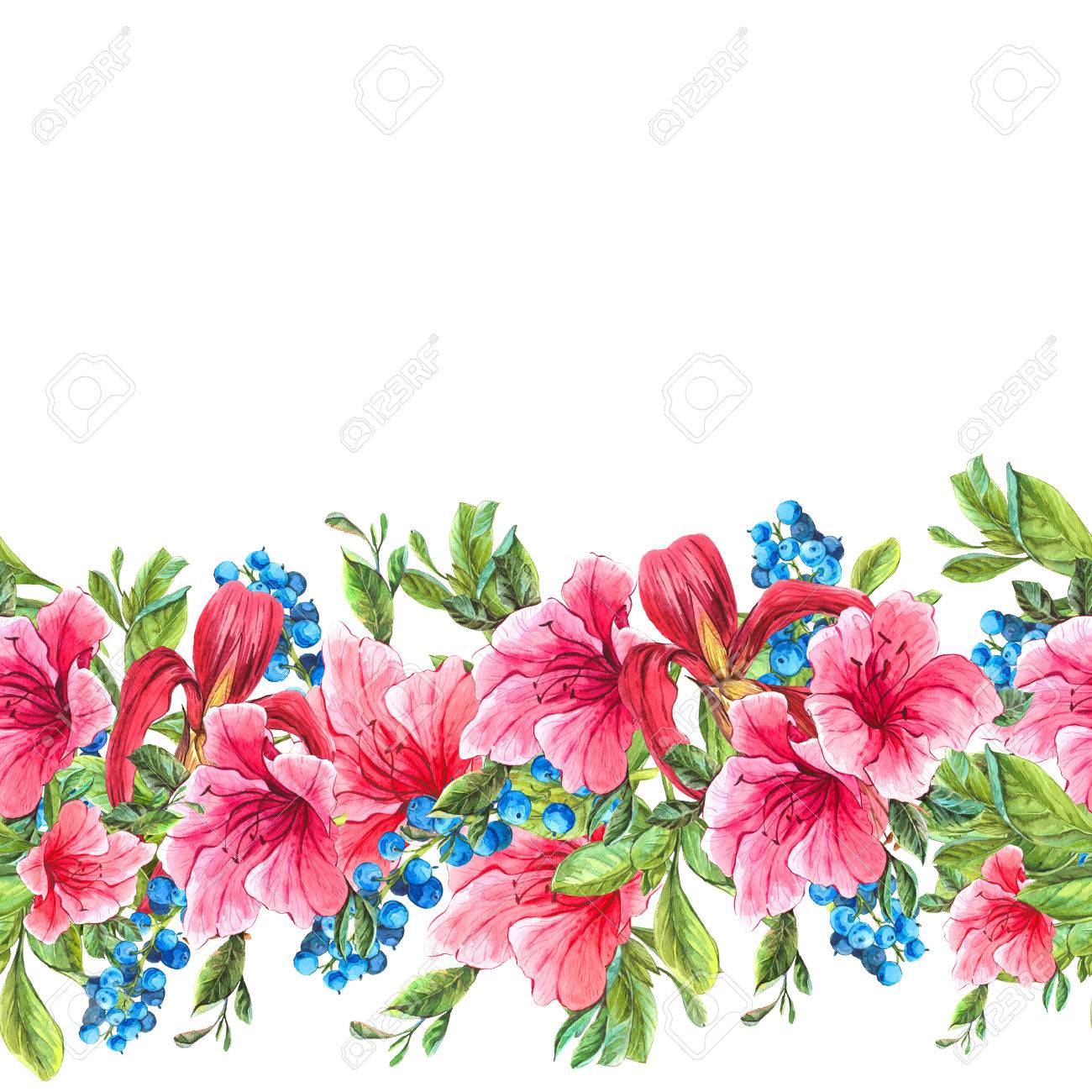 エキゾチックな花柄シームレスな水彩境界線青い果実 ピンクの熱帯の花 水彩イラスト の写真素材 画像素材 Image