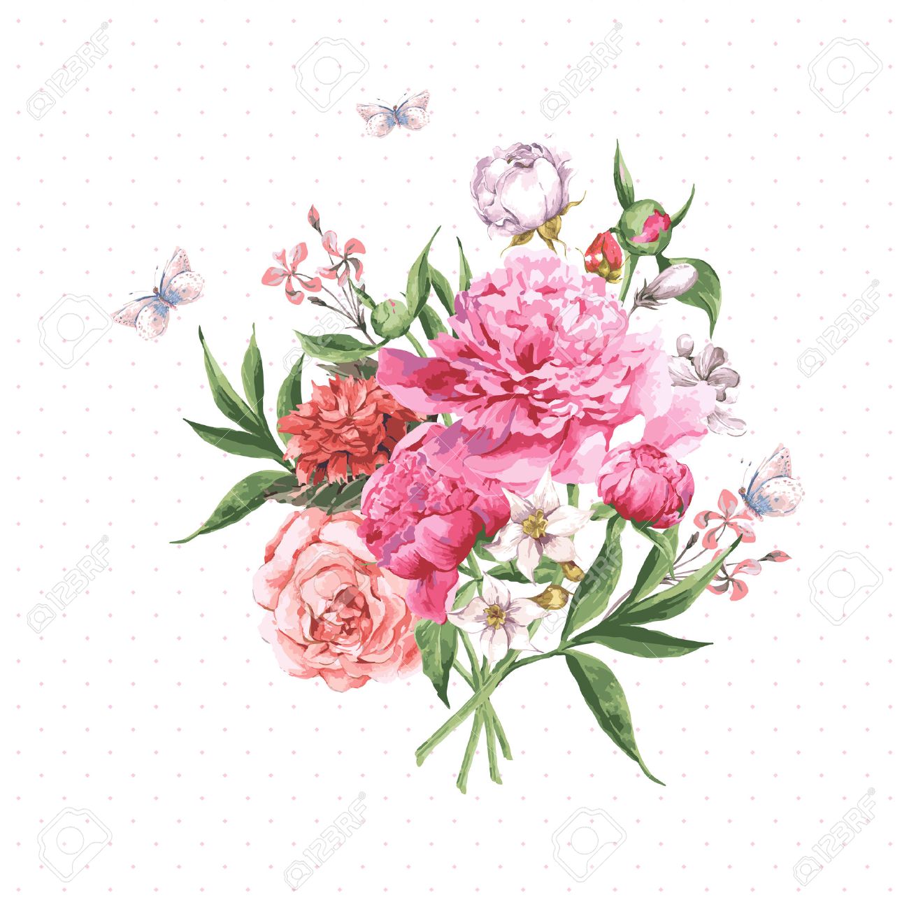 花と蝶ヴィンテージ水彩グリーティング カード バラ 野の花と牡丹 ベクトル イラスト のイラスト素材 ベクタ Image