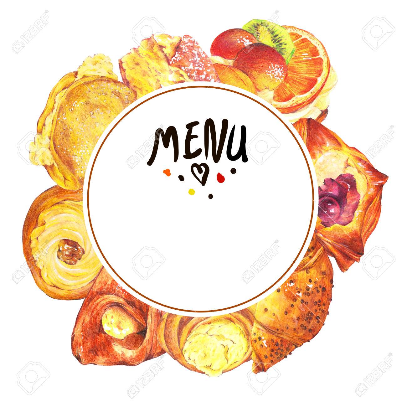 手描きホワイト バック グラウンド ビスケット クリーム ベリー豆腐パイ饅頭に分離されたフレーム ラウンド ベーキング ケーキとホイップ クリーム フルーツ 粉砂糖 レトロな鉛筆食べ物イラストを振りかける の写真素材 画像素材 Image 5365