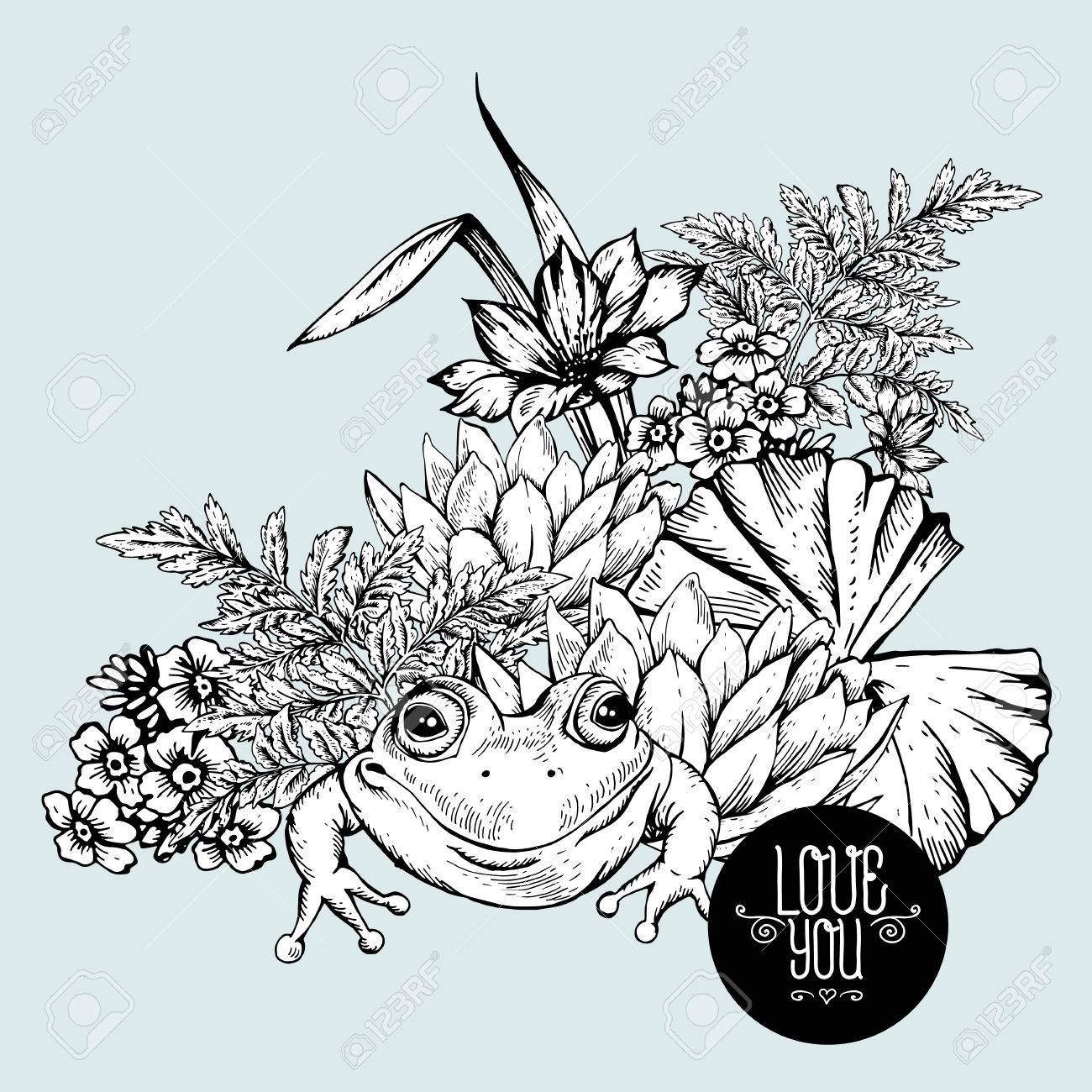 ビンテージ白黒池水花ベクトルのグリーティング カード ボタニカルぼろぼろのシックなイラスト アイリス ユリ カエル 野草の葉や小枝花のデザイン要素 のイラスト素材 ベクタ Image